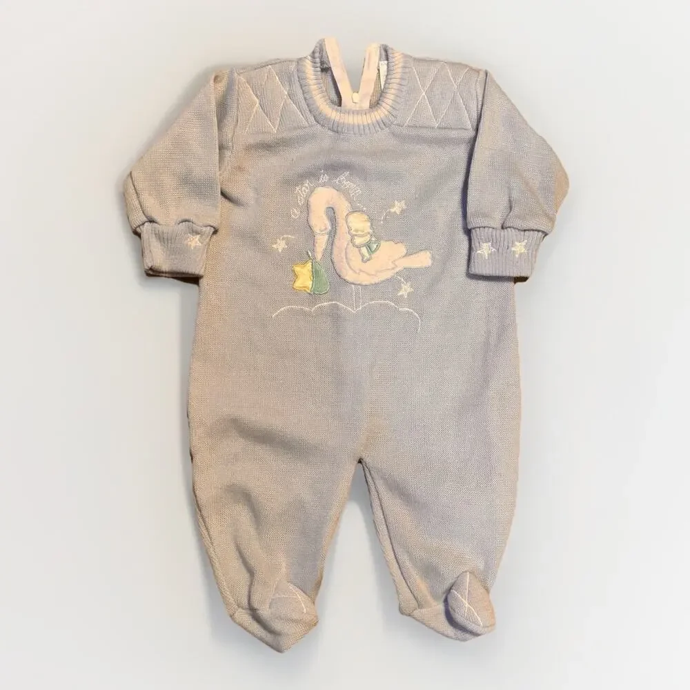 Vintage Baby Blue Knit Sleeper Footed Romper 6-9 Months Swan Design